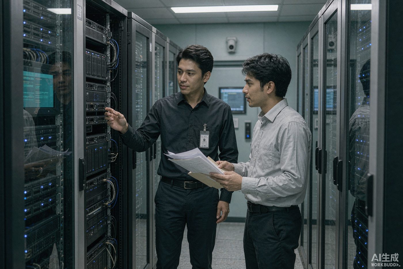 An IT administrator and a researcher managing document data in an on-premise server room